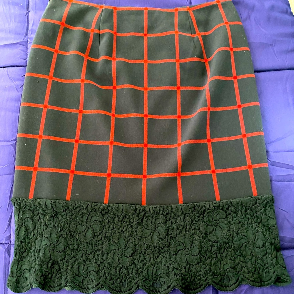 Michael Michael Kors “McIntosh” Navy Blue Red Checkered Lace Trim Skirt -8